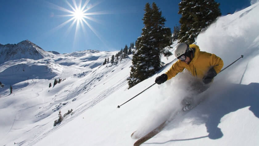 Skier carving fresh snow