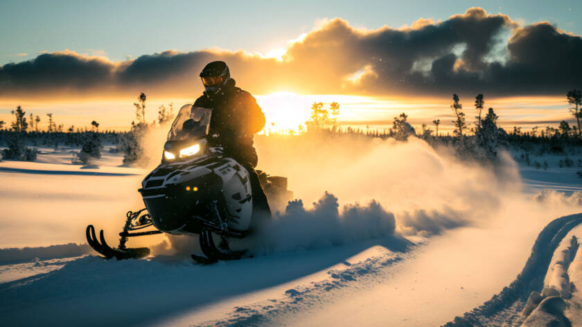 Riding snowmobile with sunset in background