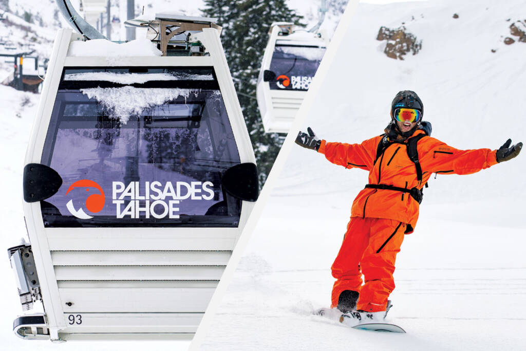 Split photo of gondola lift on left, and snowboarder in orange snow suit on right