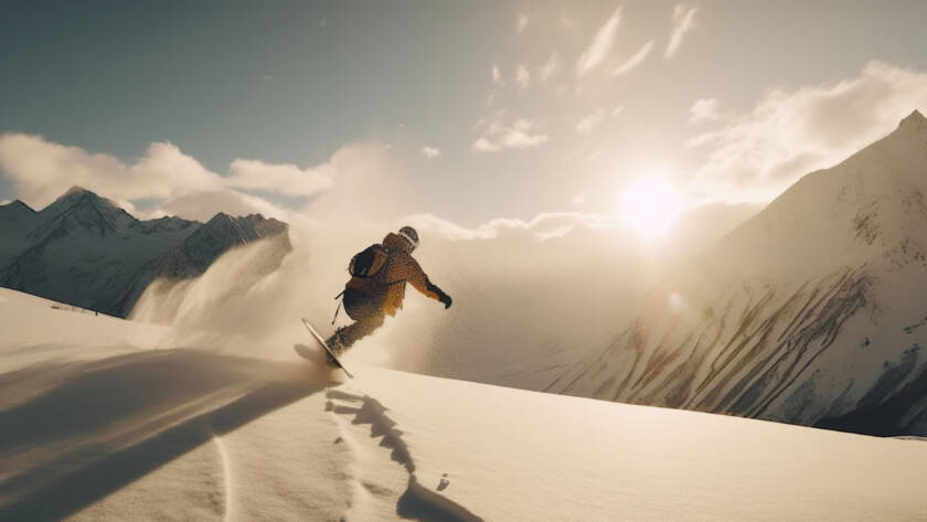 Snowboarder facing sunset on mountain