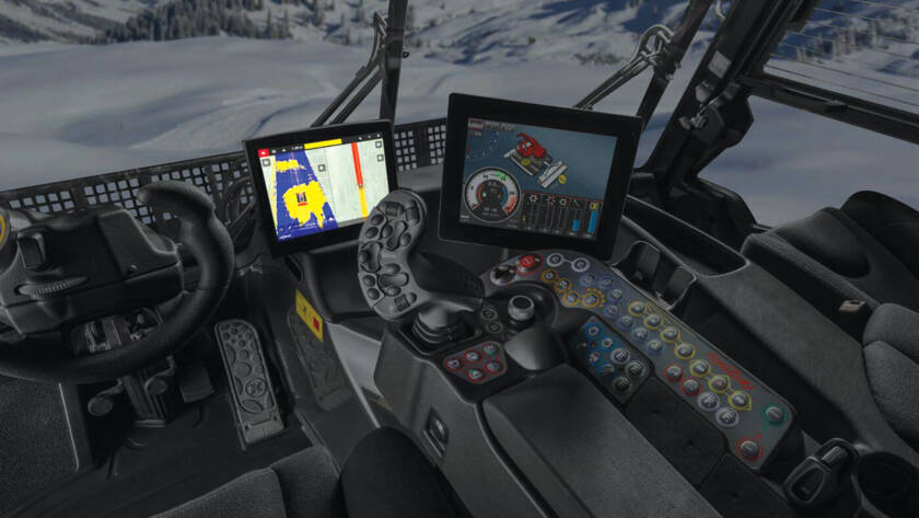 Cockpit view of Pisten Bully machine with SNOWsat installed