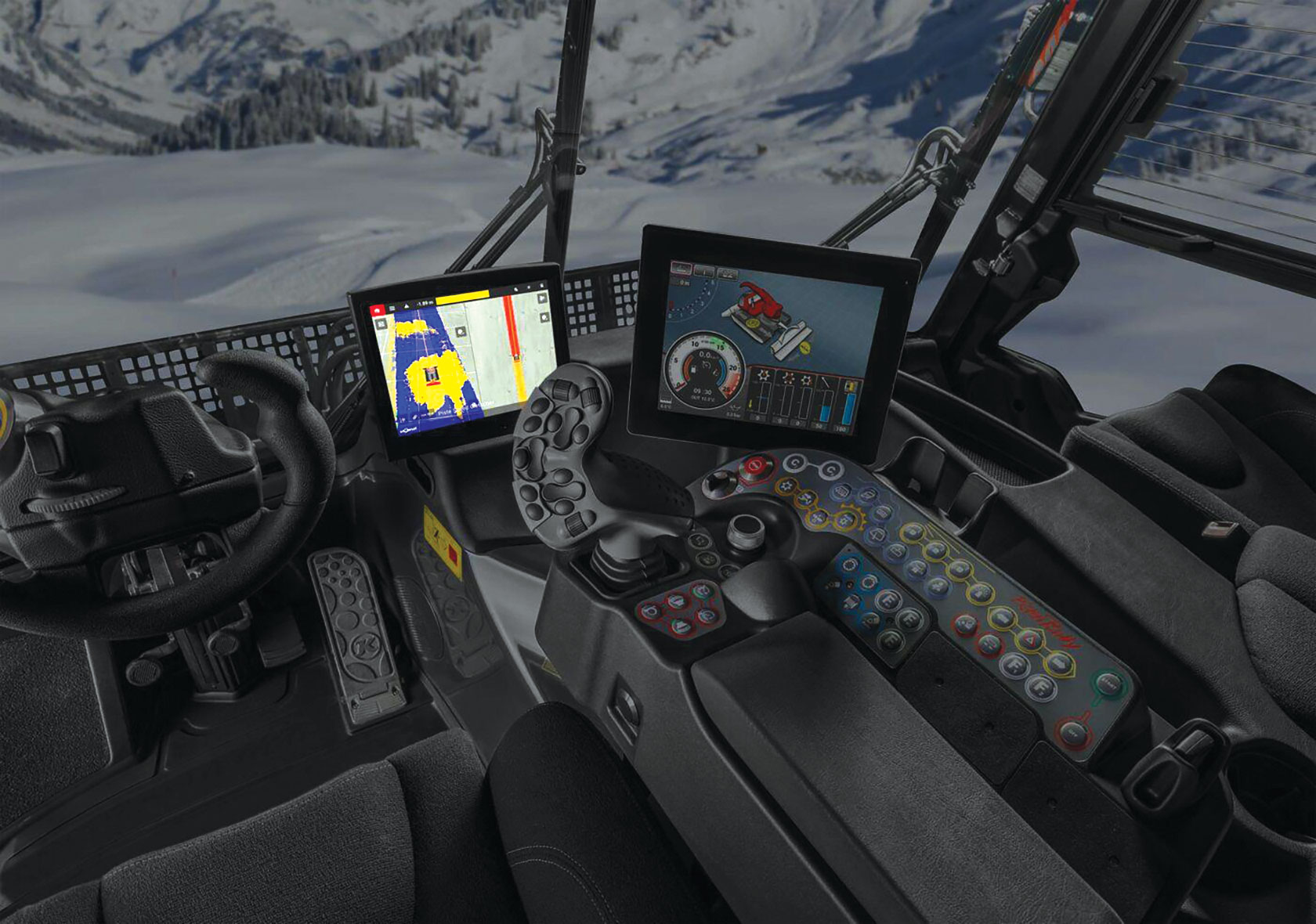 Cockpit view of Pisten Bully machine with SNOWsat installed