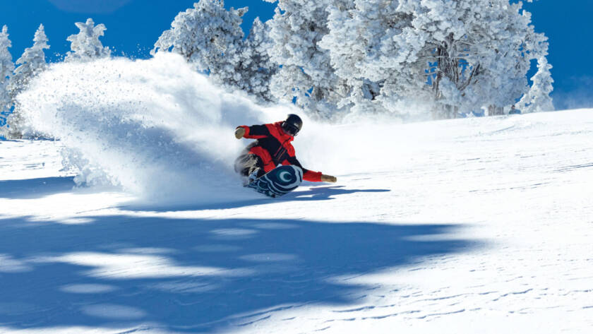 Snowboarder carving spray of snow