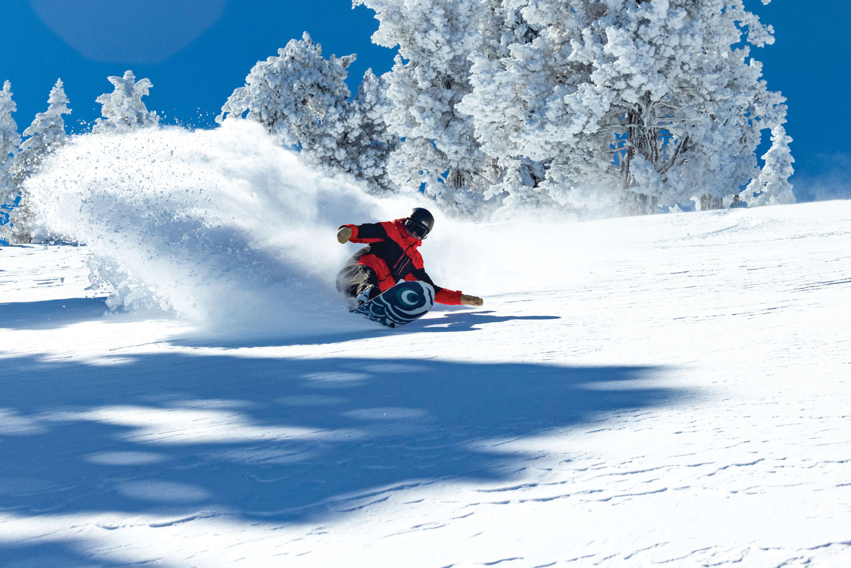 Snowboarder carving spray of snow