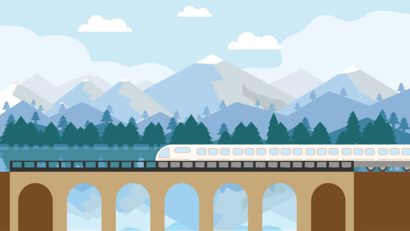 Illustration of train on bridge in foreground and mountains in background