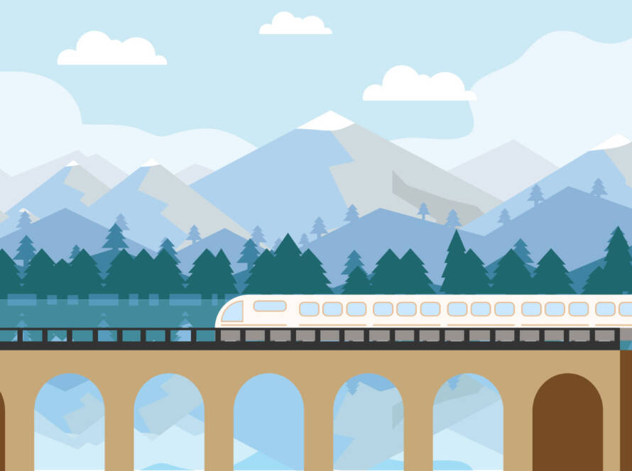 Illustration of train on bridge in foreground and mountains in background