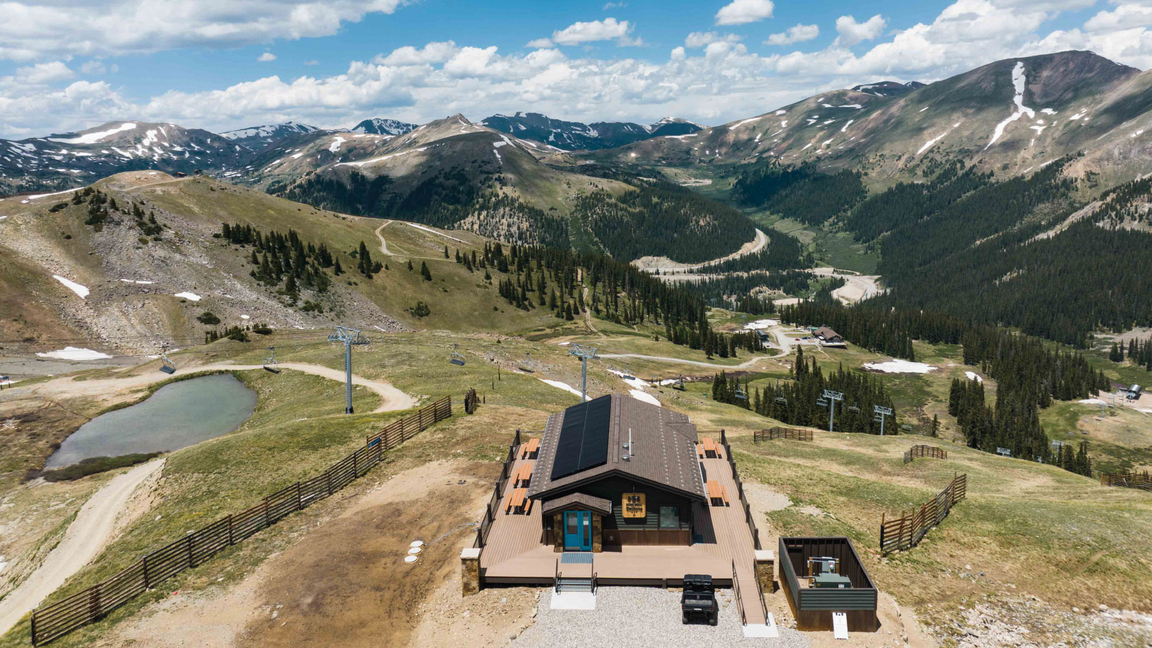 Aerial view of Arapahoe Basin Ski Area resort during warmer season