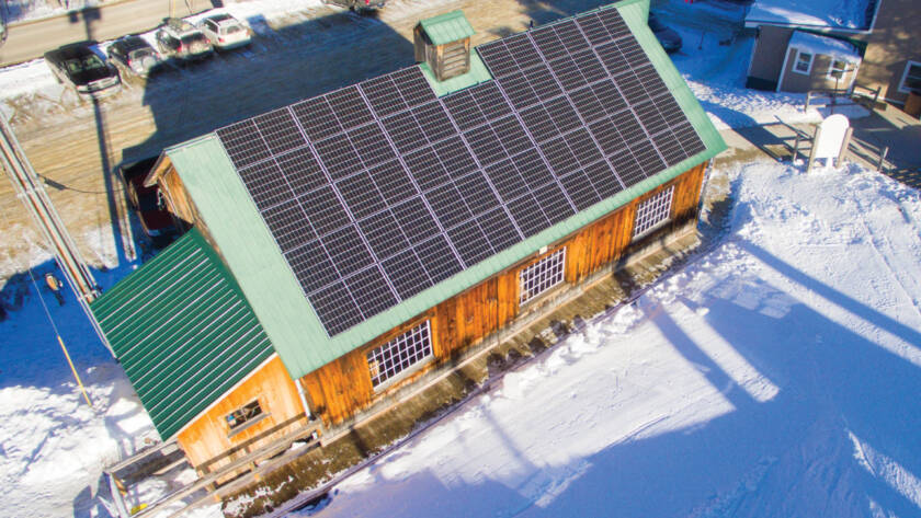 Solar panels on Pleasant Mountain Ski Lodge rooftop