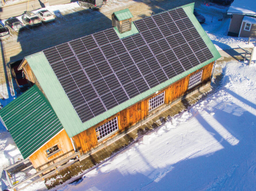 Solar panels on Pleasant Mountain Ski Lodge rooftop