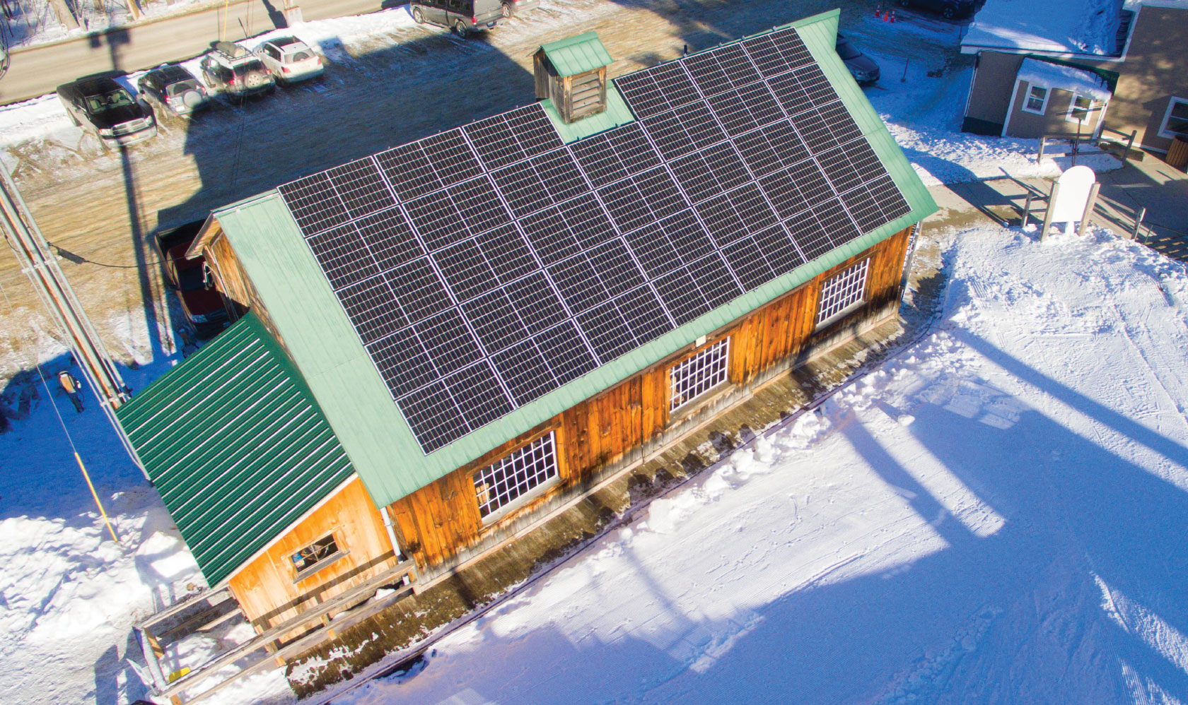 Solar panels on Pleasant Mountain Ski Lodge rooftop