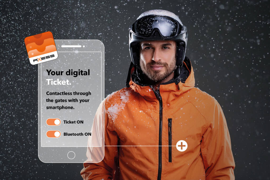 App interface superimposed over man in orange winter jacket